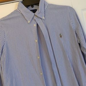 Ralph Lauren blue and white striped knit Oxford button down shirt